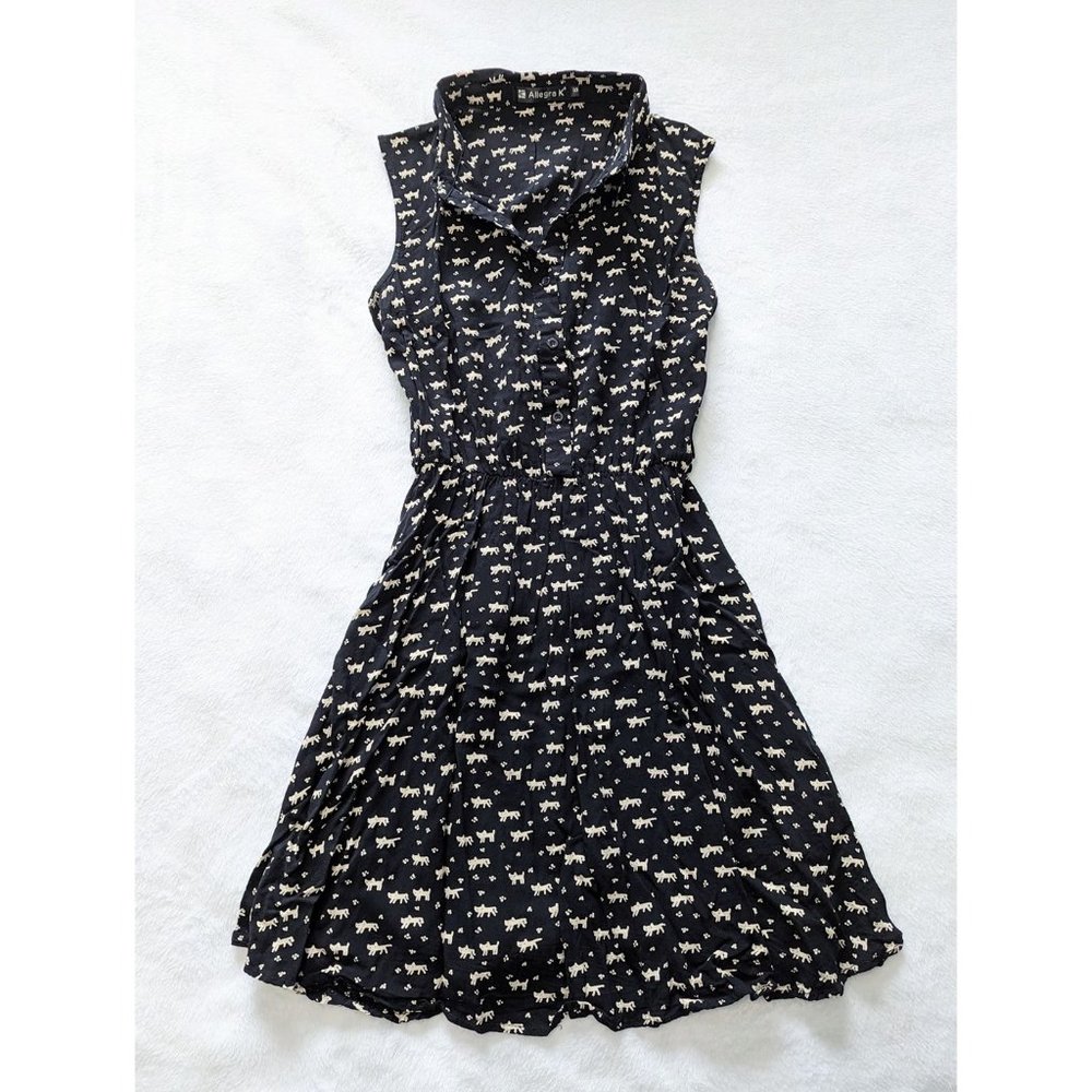 Allegra K Sleeveless Cat Print Sundress, Size S, Black